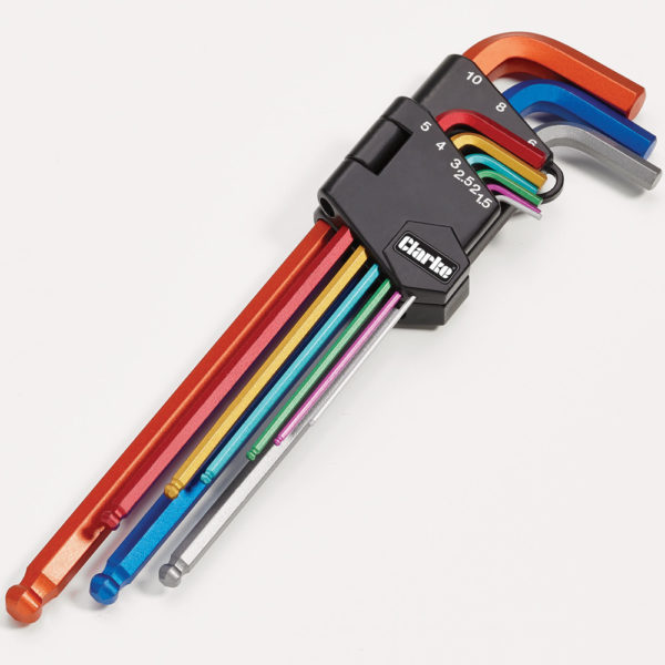 Clarke PRO344 9 Piece Colour Coded Extra-Long Ball End Metric Hex Key Set